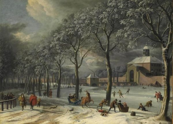 A Winter Scene Of The Weesper Poort, Amsterdam Oil Painting by Aelbert Meyeringh