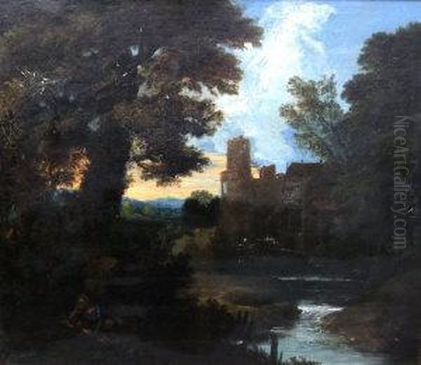 Figure In An Italianate River Landscape Oil Painting by Aelbert Meyeringh