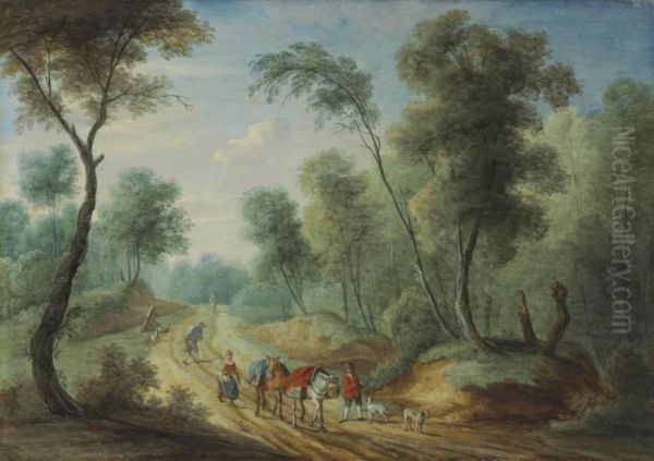 Travellers On A Path In A Wooded Landscape Oil Painting by Theobald Michau