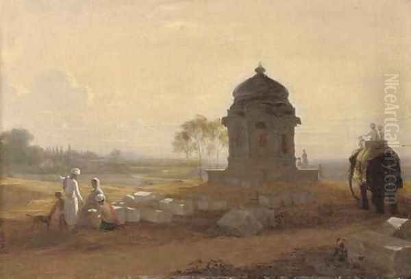 Indian landscape with a monument, figures and an elephant in the foreground Oil Painting by William Frederick Witherington