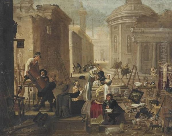 An Auction In An Italianate Street Oil Painting by Jan Miel