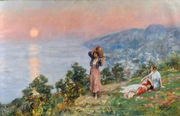 Tramonto In Costiera Oil Painting by Vincenzo Migliaro