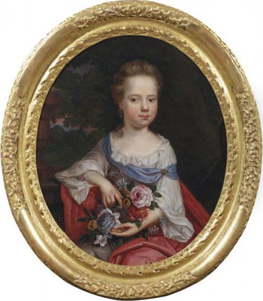 Portrait Of A Girl, 
Three-quarter Length, In A Park Landscape, Holding A Bouquet Of Flowers Oil Painting by Pierre Ii Mignard