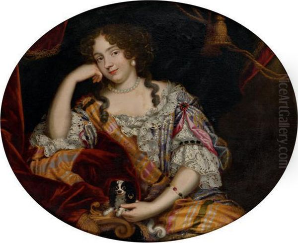 Portrait De Jeune Femme Avec Son Chien Oil Painting by Pierre Le Romain I Mignard