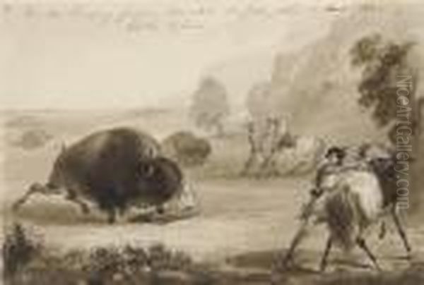 Hunters Escaping From A Wounded Buffalo, While He Tears Their Clothes To Pieces Oil Painting by Alfred Jacob Miller