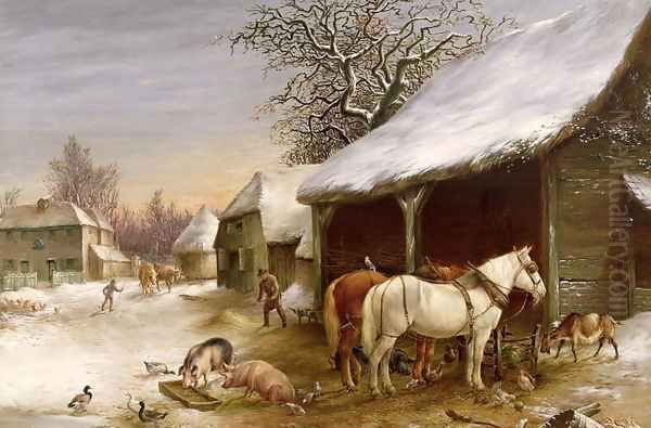 Farmyard in Winter Oil Painting by Henry Woollett