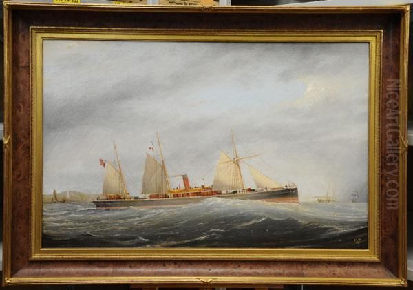 S.s. Glenfalloch At Sea With Shipping And Coastline Beyond Oil Painting by Charles Keith Miller