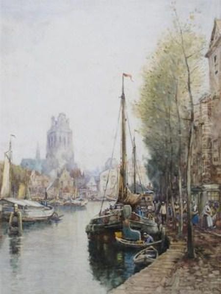 Barges On A Dutch Canal Oil Painting by J.R. Miller