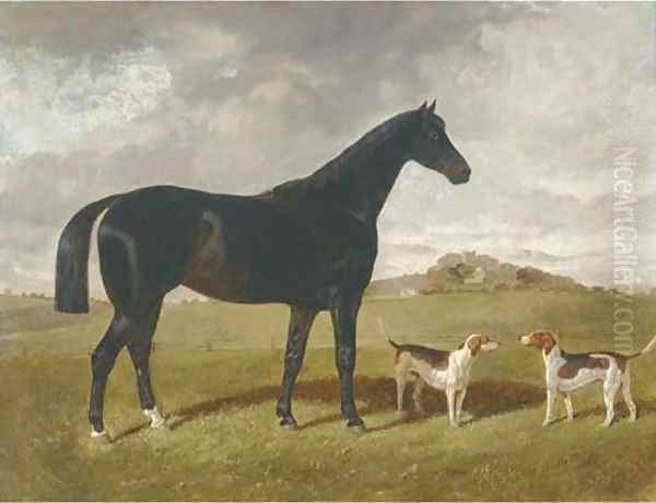 A dark brown hunter with two hounds in a landscape, with Brindle Church, Lancashire, beyond Oil Painting by Henry Woollett