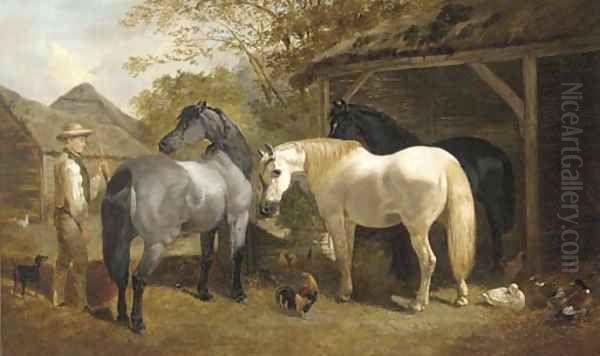 A farmhand, horses, chickens and ducks in a farmyard Oil Painting by Henry Woollett