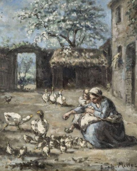 Fermiere Et Son Enfant Devant Des Oies Oil Painting by Jean-Charles Millet