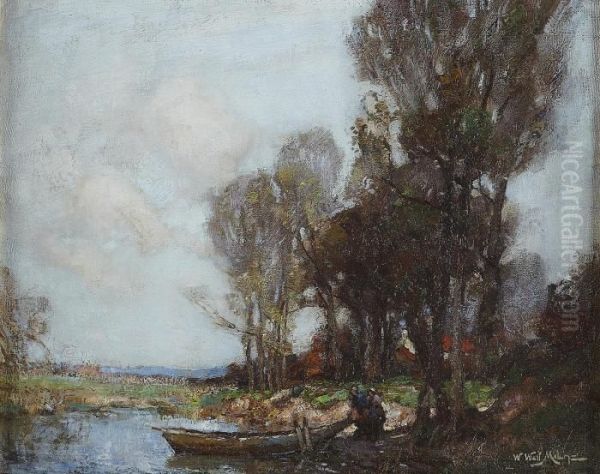 Punt On A River Bank Oil Painting by William Watt Milne