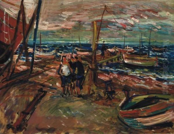 Figures By The Dock Oil Painting by Abraham Mintchine