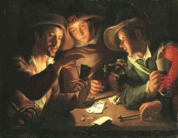 Soldiers playing cards by candlelight Oil Painting by Peter Wtewael