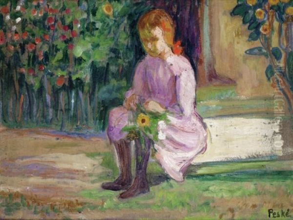 Girl With Flowers Oil Painting by Jean Misceslas Peske