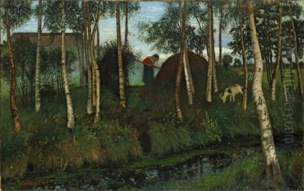 Birken Am Moorkanal Oil Painting by Otto Modersohn