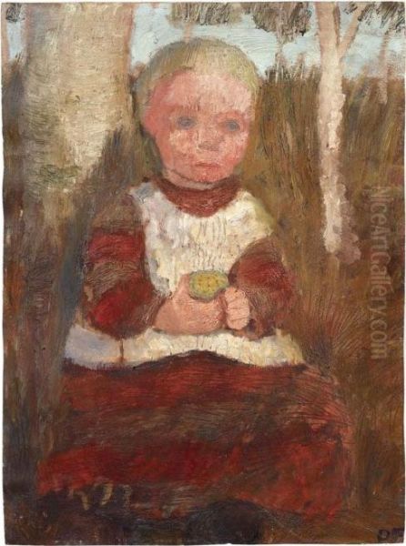 Sitzendes Kind An Einer Birke 
(kind Mit Frucht). Verso: Bauernmadchen Am Hang Vor Wolkigem Himmel Oil Painting by Paula Modersohn-Becker