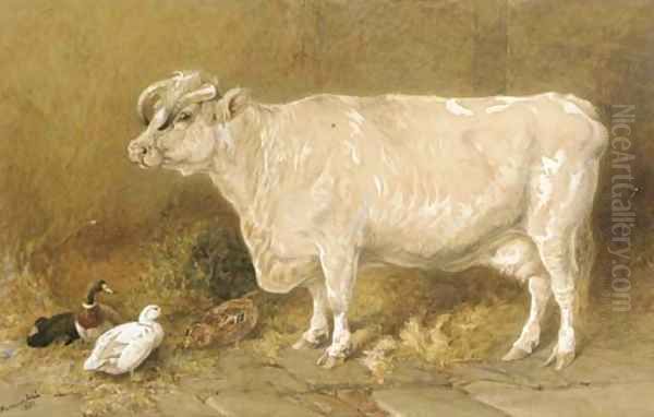 Cow with ducks in a barn Oil Painting by Harrison William Weir