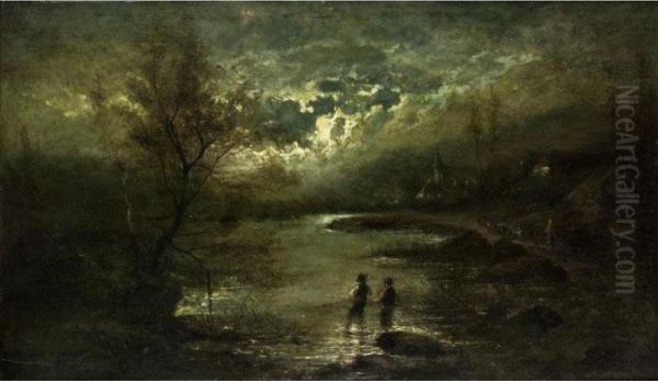 Fischer Im Uferwasser In Nachtlicher Seelandschaft Oil Painting by Edward Moerenhout