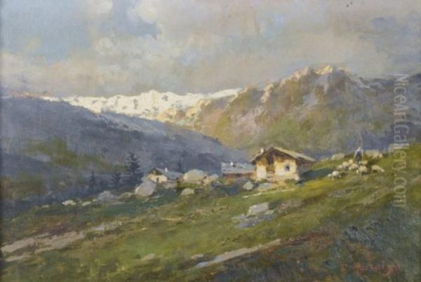 Alp Mit Schafherde Oil Painting by Anacleto Moiraghi