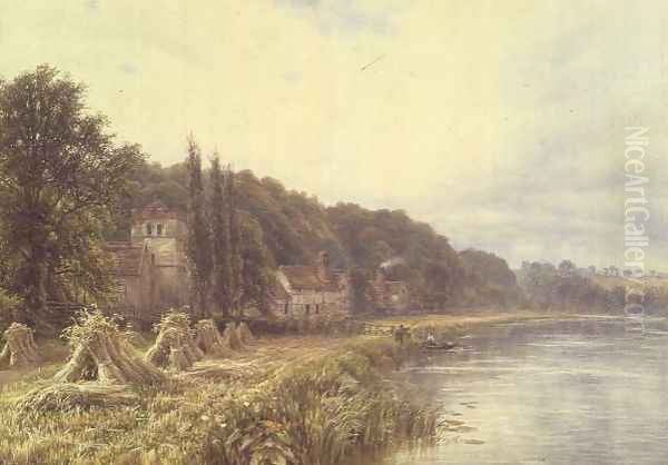 Riverside Village with figures fishing Oil Painting by Edmund George Warren