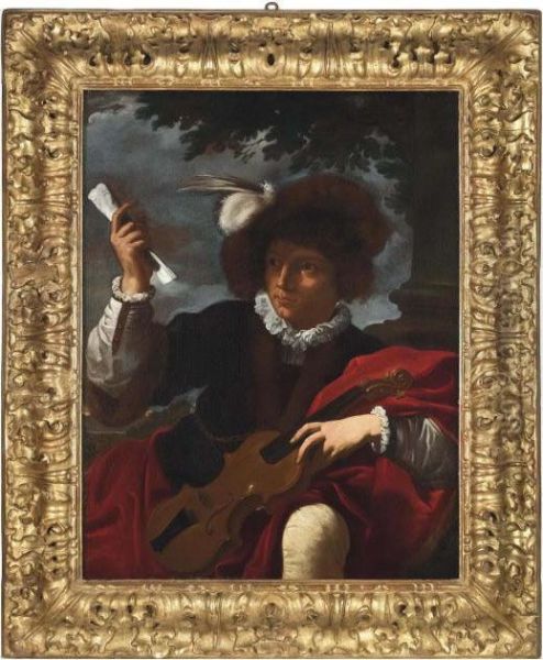 Giovane Con Violino Su Sfondo Di Paesaggio Oil Painting by Pier Francesco Mola