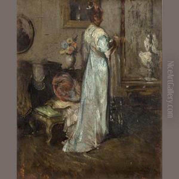 Lady In Blue Oil Painting by Maurice, Morris Molarsky