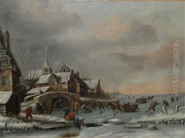 Hollandische Winterlandschaft 
Mit Eingefrorenem Stadtbild Und Reicher Figurenstaffage Beim Eislauf Oil Painting by Jan Miense Molenaer