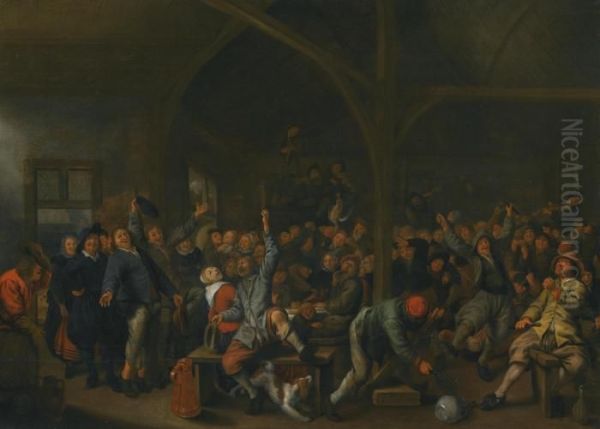 A Raucous Tavern Interior With Peasants Dancing And Making Music Oil Painting by Jan Miense Molenaer