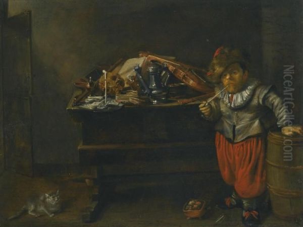 An Interior With A Dwarf And A Vanitas Still Life Oil Painting by Jan Miense Molenaer