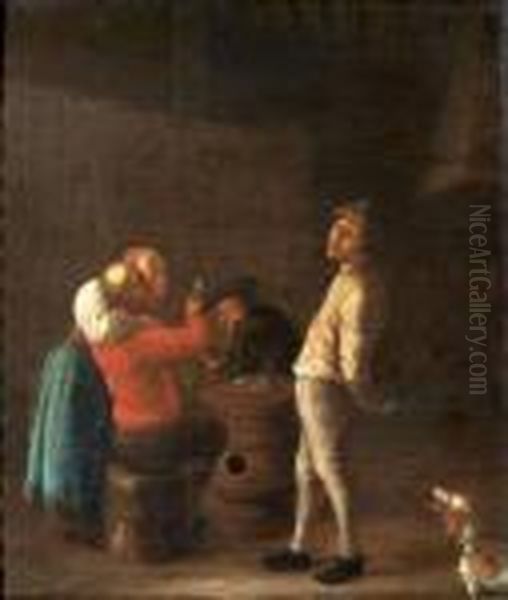 Joueurs De Cartes Dans Une Taverne 
 Panneau De Chene, Deux Planches, Non Parquete Oil Painting by Jan Miense Molenaer