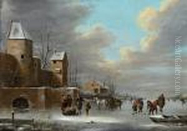 Village Sous La Neige Oil Painting by Claes Molenaar (see Molenaer)