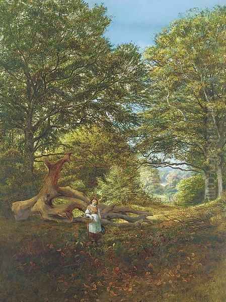 A young girl by a fallen oak in a woodland clearing Oil Painting by Edmund George Warren