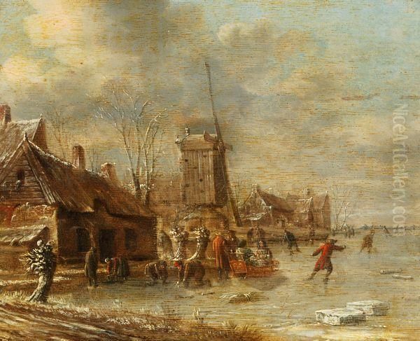 Figures On The Ice By A Windmill Oil Painting by Claes Molenaar (see Molenaer)