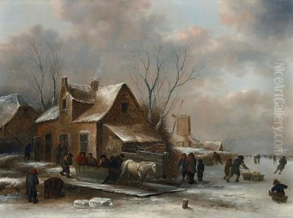 Winterlandschaft Mit Pferdeschlitten Oil Painting by Claes Molenaar (see Molenaer)