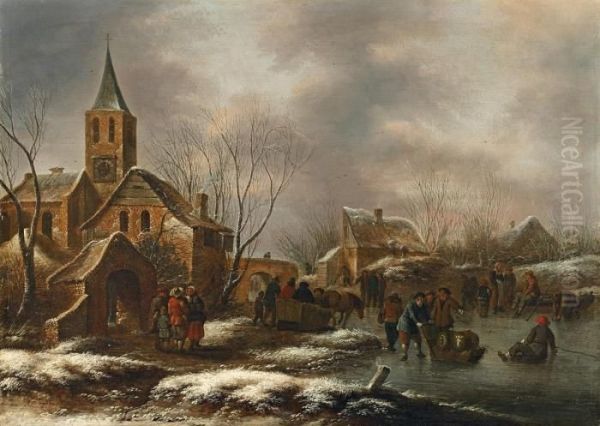 Winterlandschaft Mit Kirchturm Oil Painting by Claes Molenaar (see Molenaer)