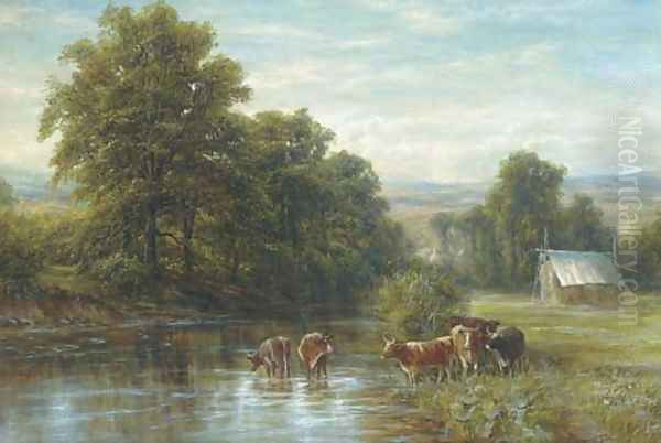 Cattle watering, summer Oil Painting by Edmund George Warren