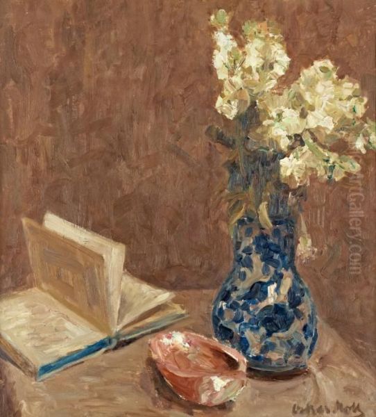 Still Life With A Book And Flowers Oil Painting by Oskar Moll