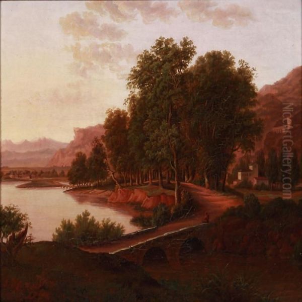 Houses And Catsle At A River Oil Painting by I. P. Moller