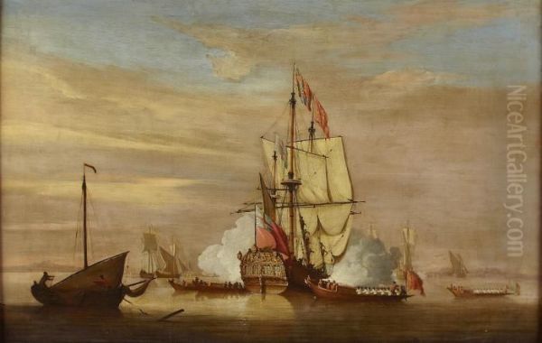 The Landfall Of The Royal Caroline, Firing A Salute by Peter Monamy