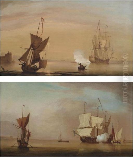 A Two-decker Announcing Its Departure From A Fortified Anchorage Oil Painting by Peter Monamy