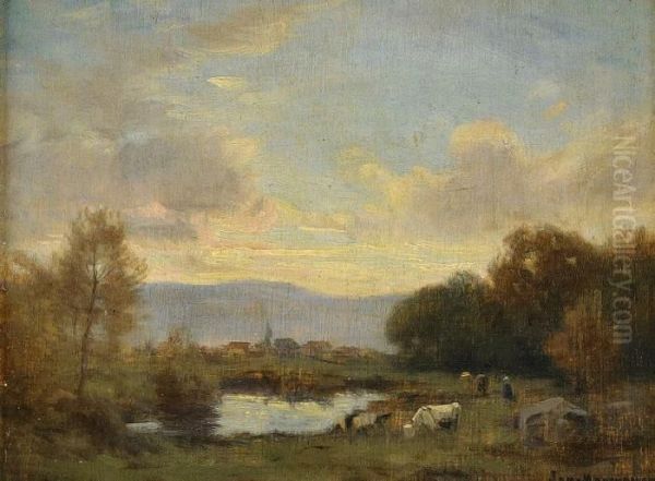 Landskap Med Betande Boskap Oil Painting by Jean Ferdinand Monchablon