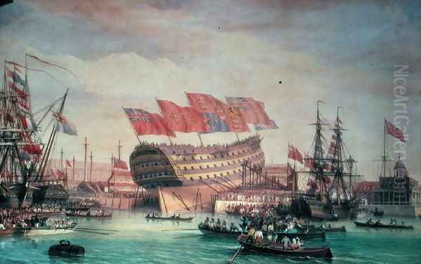 The Launching of HMS Trafalgar at Chatham, July 1820 Oil Painting by C. John Mayle Whichelo