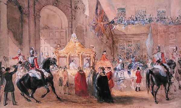 The Lord Mayor Standing Ready to Greet Queen Victoria (1819-1901) at Temple Bar in 1837 Oil Painting by Henry Warren