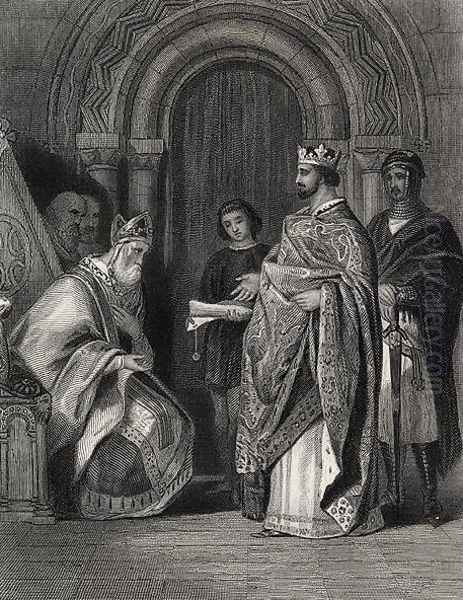 Henry II presenting the Pope's Bull to the Archbishop of Cashel, engraved by G. Greatbach Oil Painting by Henry Warren