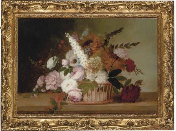 Peonies, Sunflowers And Chrysanthemums In A Wicker Basket On A Ledge Oil Painting by Jean-Baptiste Monnoyer