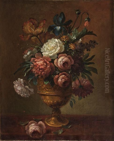 Nature Morte Au Bouquet De Fleurs Sur Un Entablement. Oil Painting by Jean-Baptiste Monnoyer