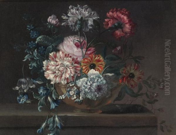 Still Life Of Variegated Carnations And Other Flowers On A Ledge Oil Painting by Jean-Baptiste Monnoyer