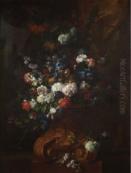 Still Life Of Flowers In A Scrolled Urn Oil Painting by Jean-Baptiste Monnoyer