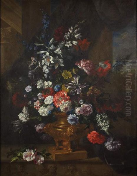 Still Life Of Flowers In A Footed Urn Oil Painting by Jean-Baptiste Monnoyer